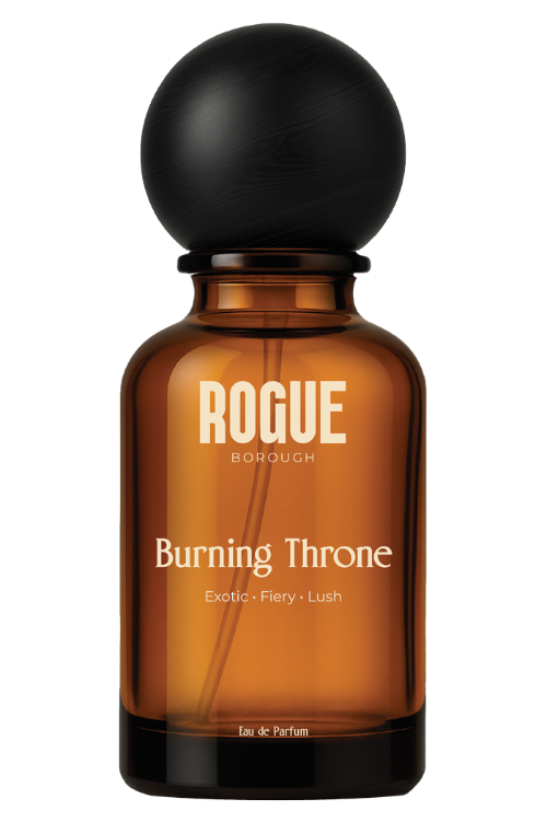 Brown perfume bottle with black cap labeled 'Rogue Borough Burning Throne' on a white background