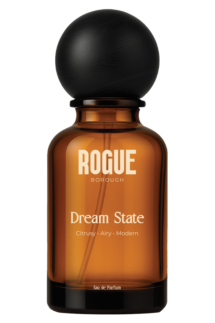 Brown perfume bottle with black cap labeled 'Rogue Borough Dream State' on a white background
