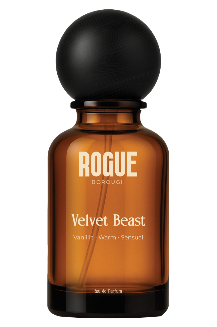 Brown perfume bottle with black cap labeled 'Rogue Borough Velvet Beast' on a white background